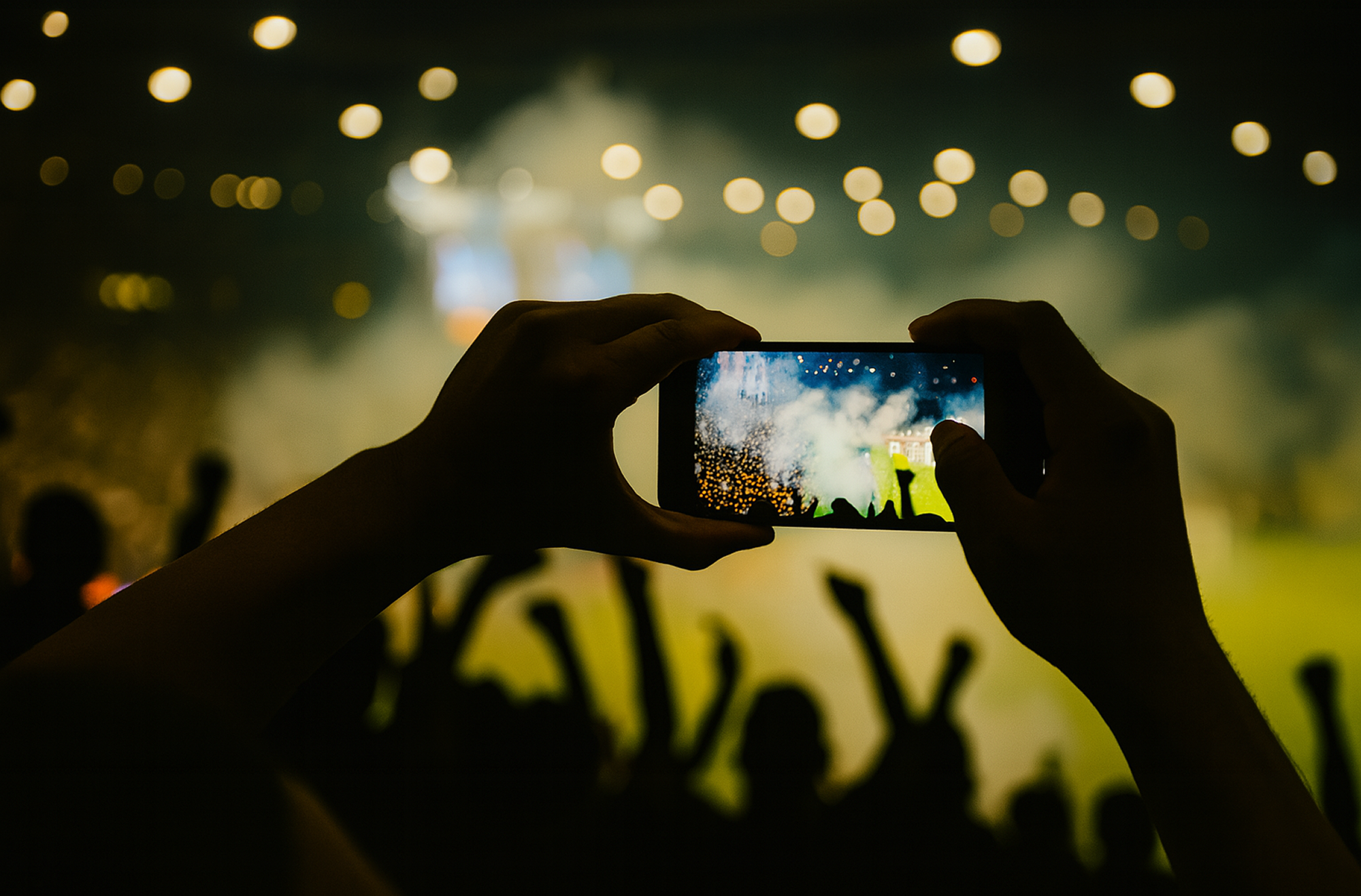 A sports fan at stadium taking picture on phone